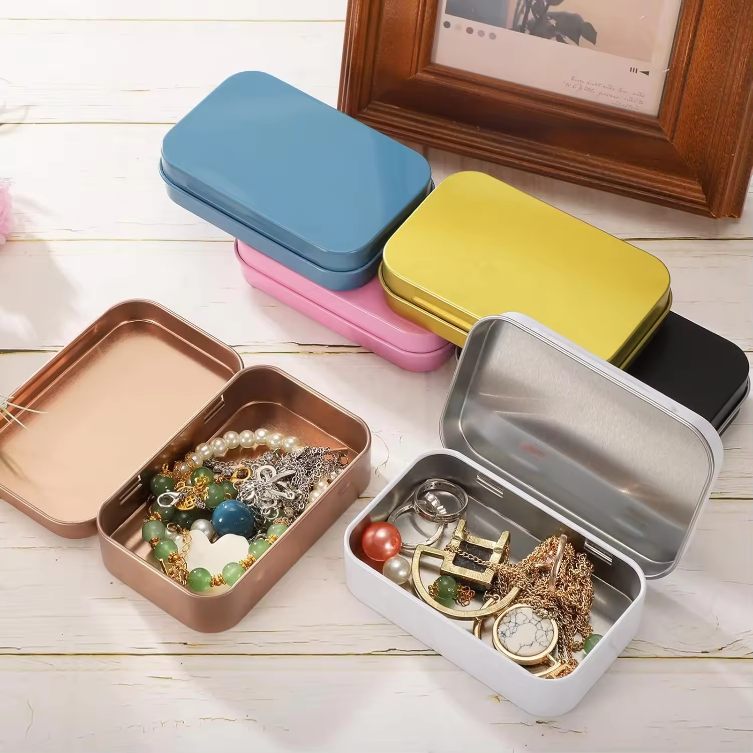 Bulk Blue Color Small Hinge Lid Crafts Jewelry Storage Case Empty Metal Tin Box