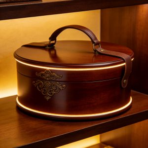 Round solid wood LED luminous high-end wooden box, high-end gift wooden box, piano lacquer craftsmanship custom wooden box