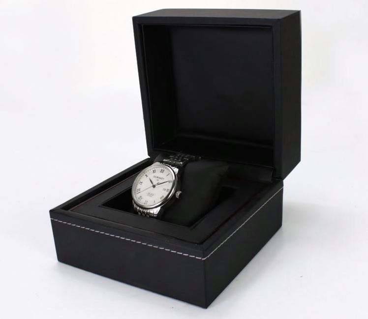 High End PU Leather Wrist Black Watch Paper Box With Stitching Line