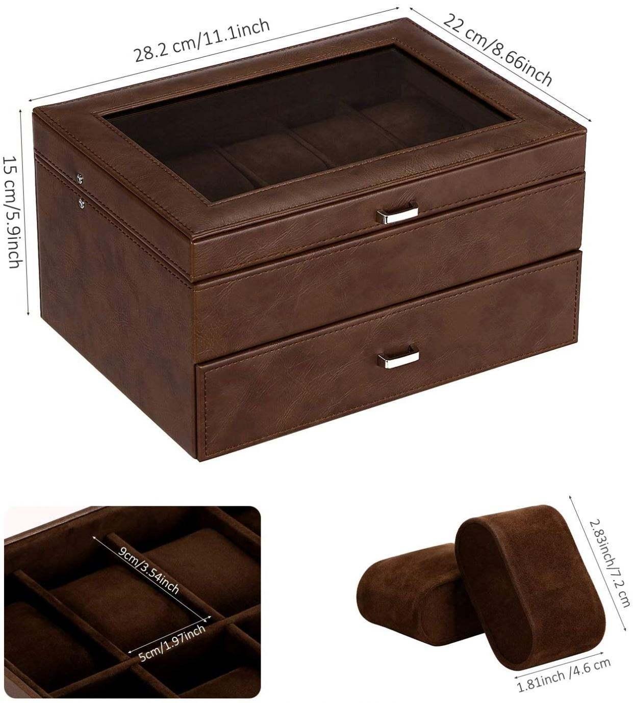Watch Box Organizer for Men Luxury Watch Case 20 Slots Faux Leather Watch Display Case with Real Glass Top , Metal Hinge, Brown - Image 6