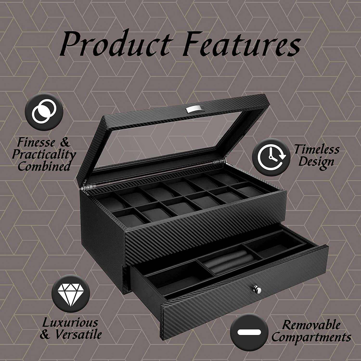 First-Class 12 Slots wooden with PU leather Watch holder Box Display Case & Organizer For Men - 图片 3
