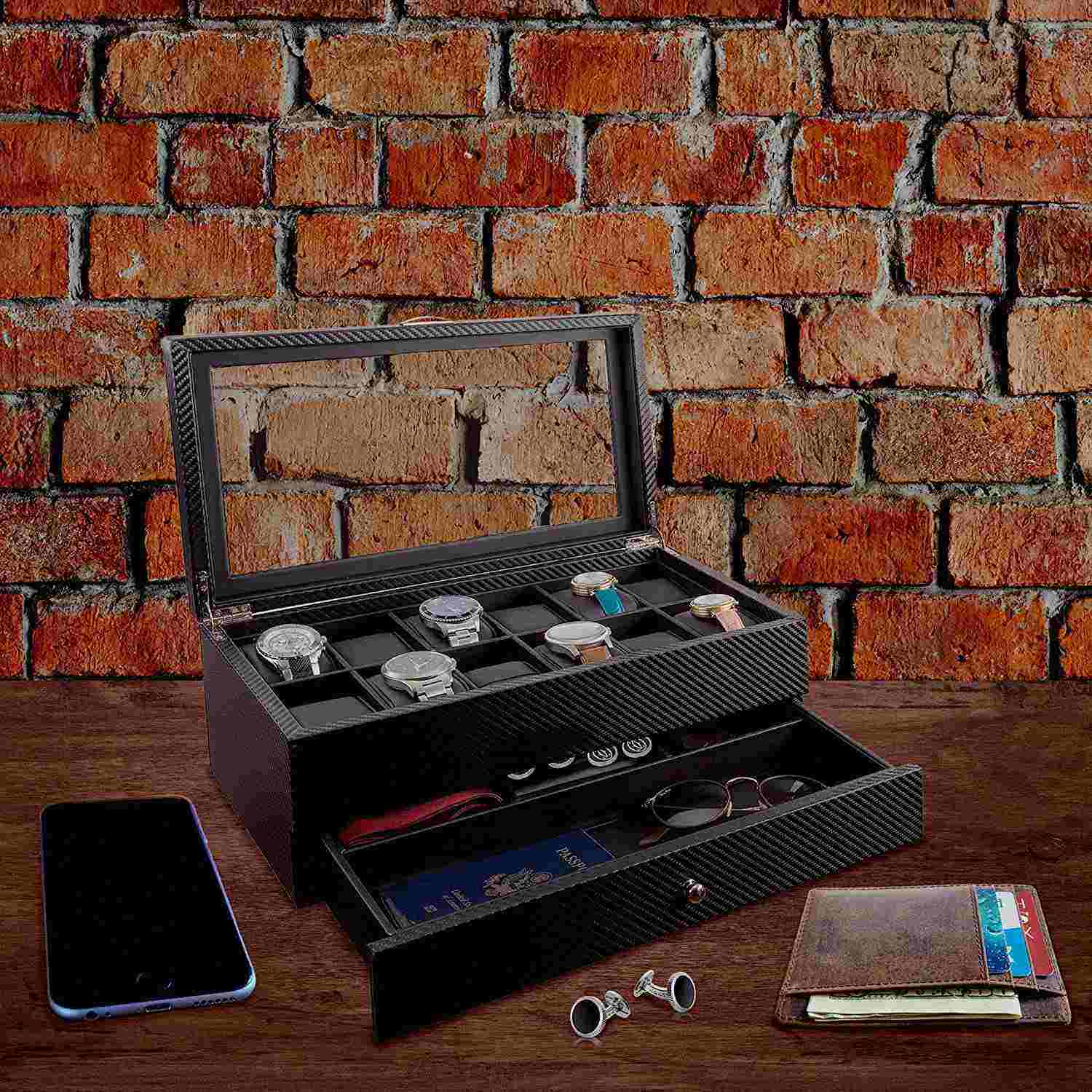 First-Class 12 Slots wooden with PU leather Watch holder Box Display Case & Organizer For Men - 图片 5