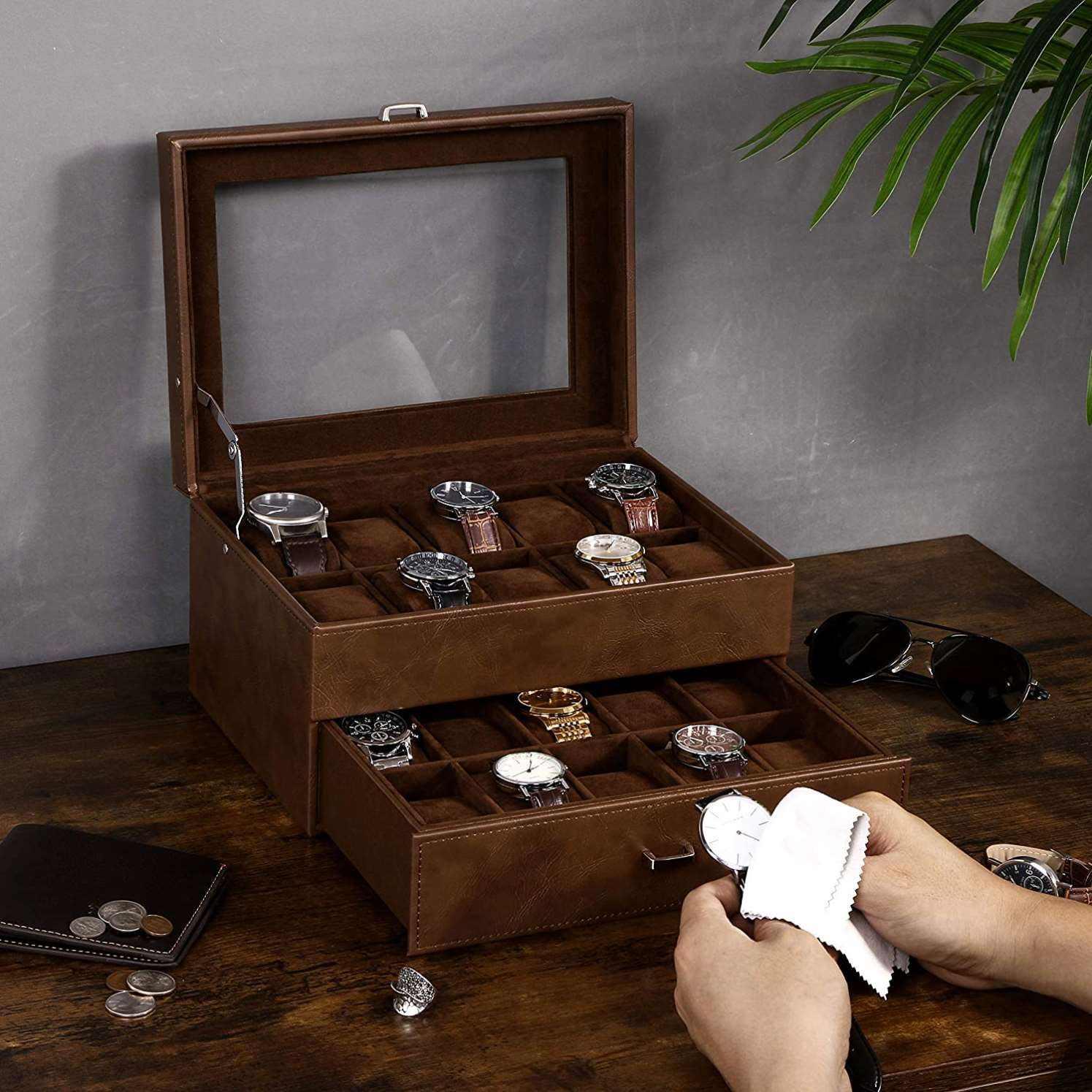Watch Box Organizer for Men Luxury Watch Case 20 Slots Faux Leather Watch Display Case with Real Glass Top , Metal Hinge, Brown - Image 2
