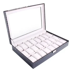 2/4/6/8/10/12/16/20/24 Slots Black Luxury PU Leather Stitched Top Lid Watch Display Box With Clear Window