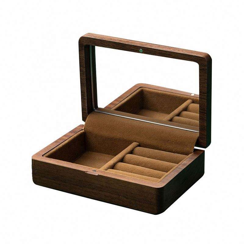 handmade walnut wood gift necklace mirror velvet box packaging earrings custom jewelry box organizer with logo wholesale - Image 3