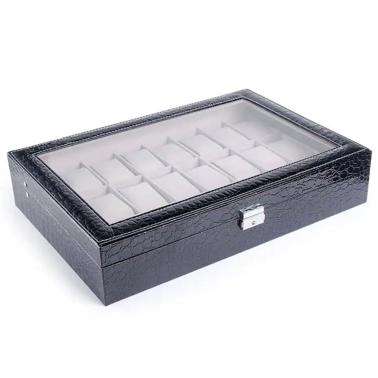 2/4/6/8/10/12/16/20/24 Slots Black Luxury PU Leather Stitched Top Lid Watch Display Box With Clear Window - 图片 5