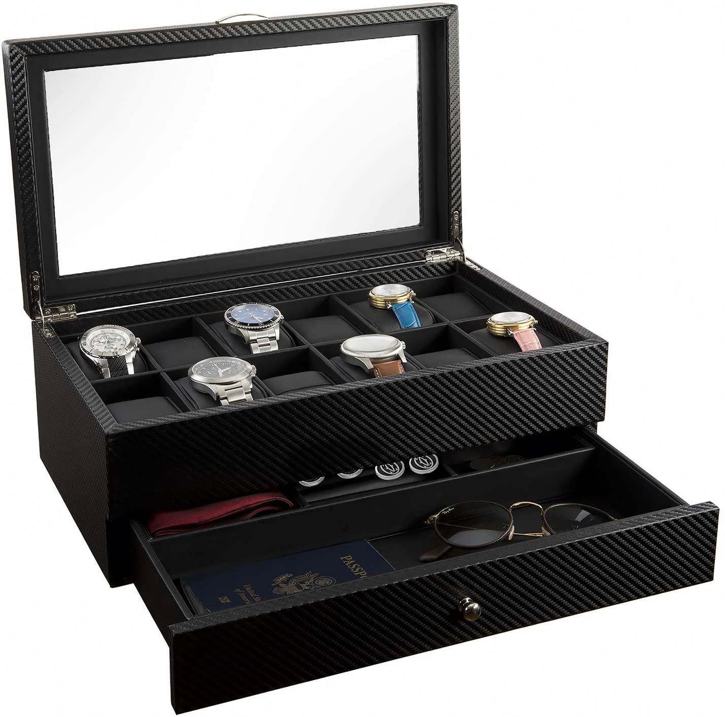 First-Class 12 Slots wooden with PU leather Watch holder Box Display Case & Organizer For Men