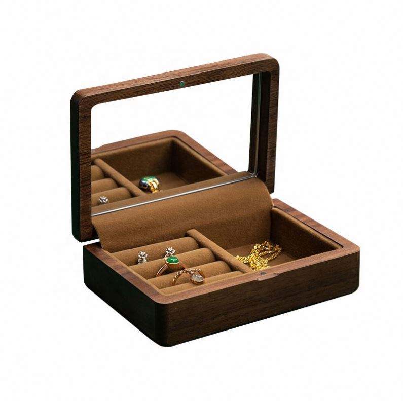 handmade walnut wood gift necklace mirror velvet box packaging earrings custom jewelry box organizer with logo wholesale