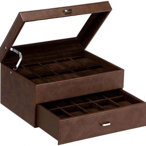 Watch Box Organizer for Men Luxury Watch Case 20 Slots Faux Leather Watch Display Case with Real Glass Top , Metal Hinge, Brown