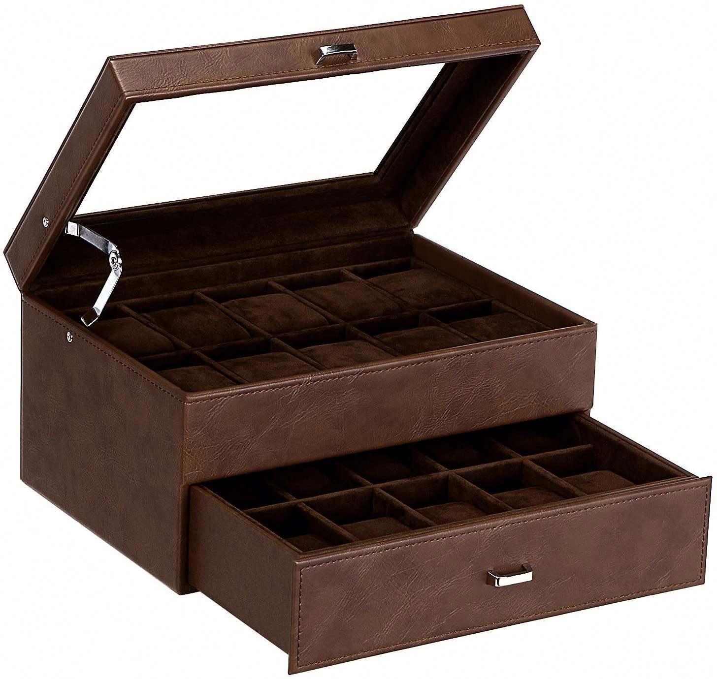 Watch Box Organizer for Men Luxury Watch Case 20 Slots Faux Leather Watch Display Case with Real Glass Top , Metal Hinge, Brown