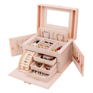 Custom logo velvet luxury color pink boxes wholesale pu leather necklace earring jewelry box ring wood box for women gift