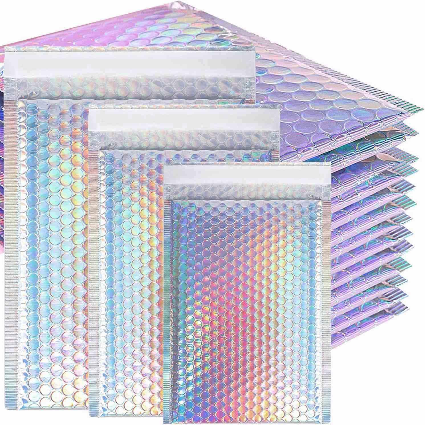 Custom biodegradable 4x7 courier bag large holographic metallic padded bubble envelopes mailer bag for jewelry package - 图片 5