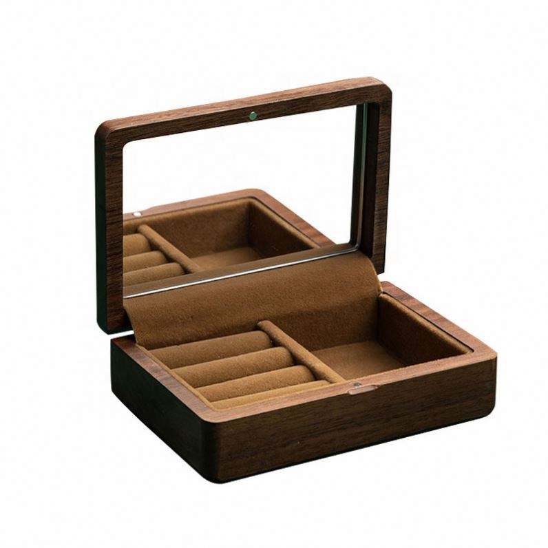 handmade walnut wood gift necklace mirror velvet box packaging earrings custom jewelry box organizer with logo wholesale - Image 2