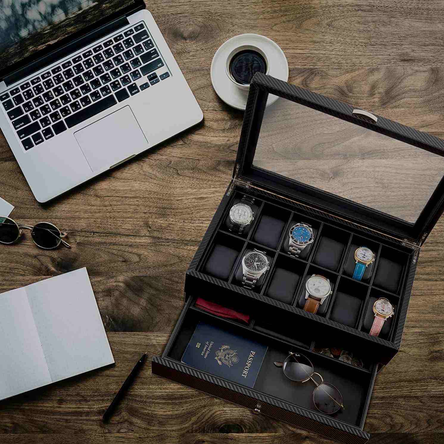 First-Class 12 Slots wooden with PU leather Watch holder Box Display Case & Organizer For Men - 图片 2