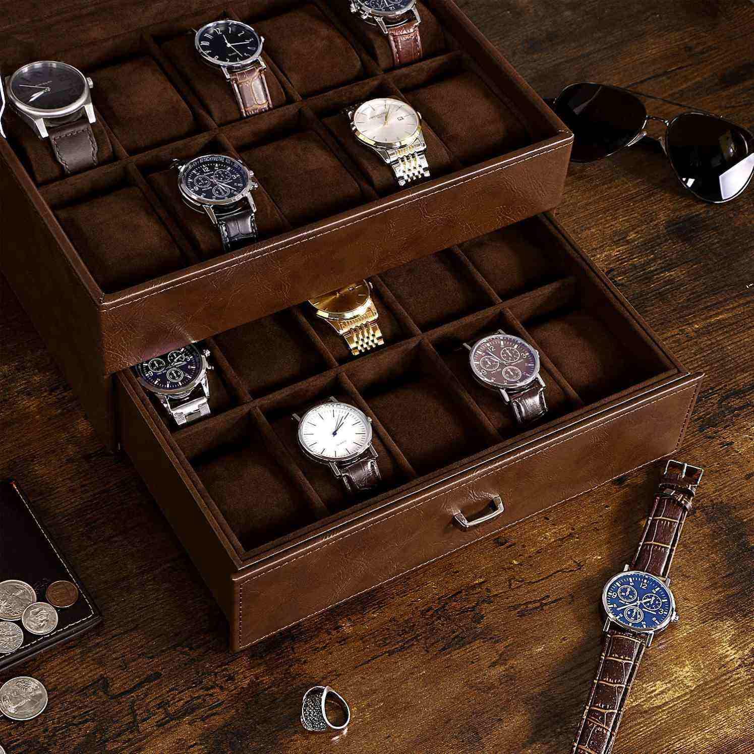 Watch Box Organizer for Men Luxury Watch Case 20 Slots Faux Leather Watch Display Case with Real Glass Top , Metal Hinge, Brown - Image 3