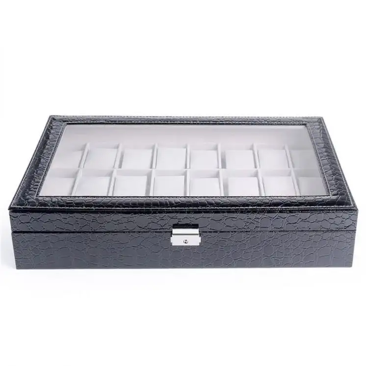 2/4/6/8/10/12/16/20/24 Slots Black Luxury PU Leather Stitched Top Lid Watch Display Box With Clear Window - 图片 4