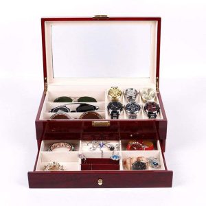 XINGYUE Stock 2 Decks Watches Box Red Black Wood Universal Sunglasses Watch Jewelry Gift Box Display Packaging Box Case