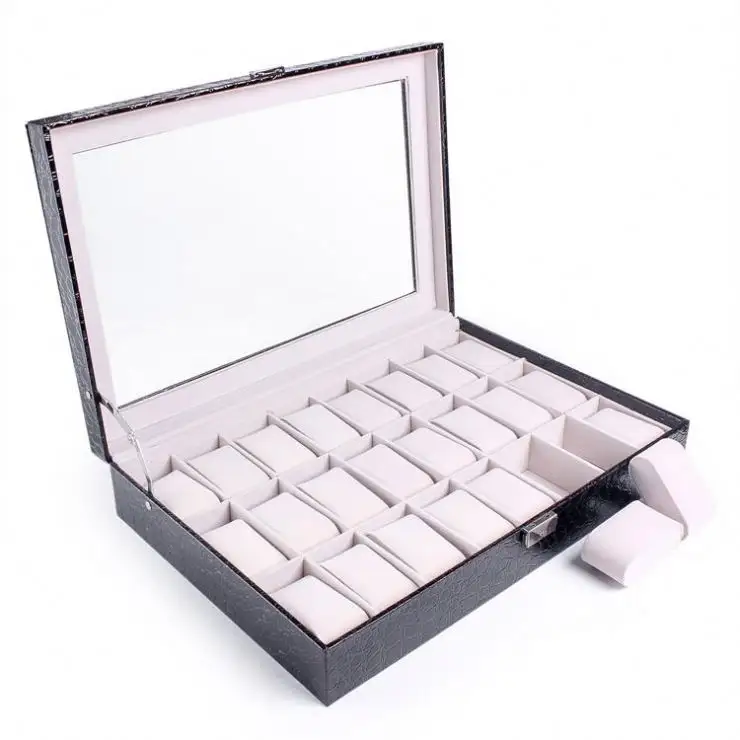 2/4/6/8/10/12/16/20/24 Slots Black Luxury PU Leather Stitched Top Lid Watch Display Box With Clear Window - 图片 3
