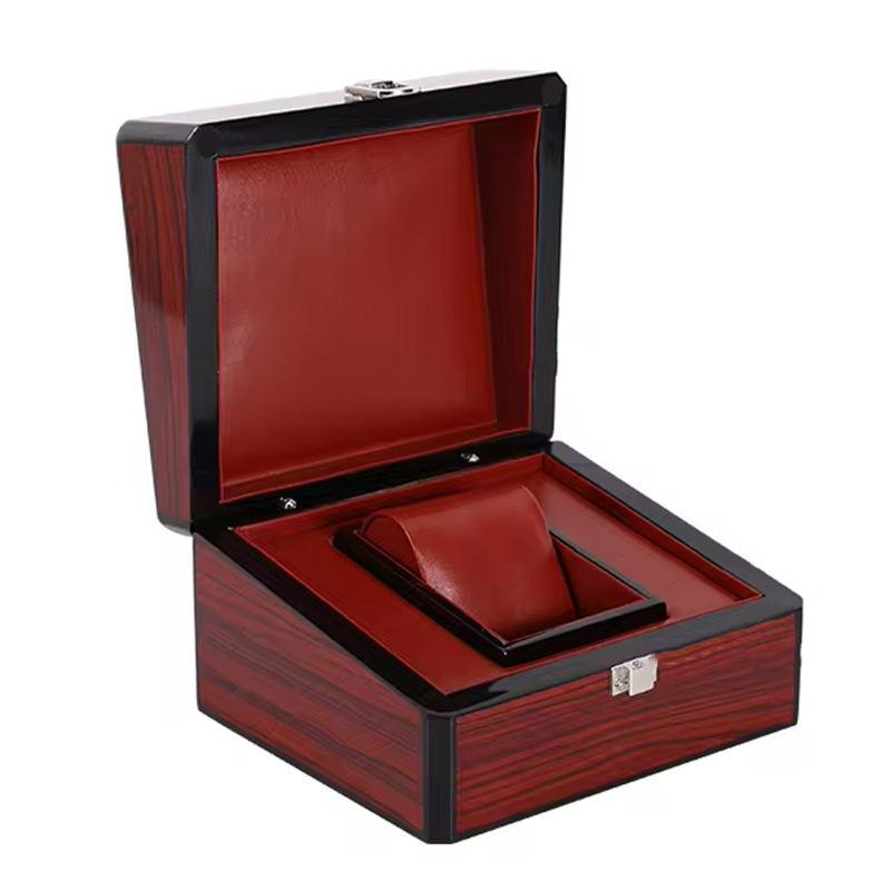 Customized logo luxury single watch gift storage box red wooden watch packaging display box with pillow watch box